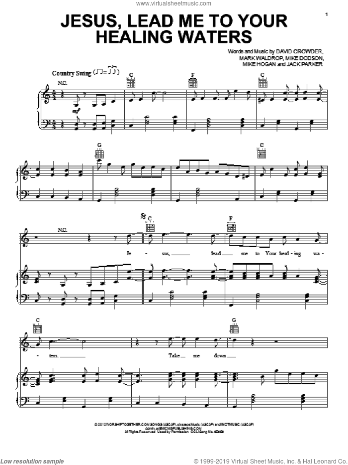 Jesus, Lead Me To Your Healing Waters sheet music for voice, piano or guitar by David Crowder Band, David Crowder, Jack Parker, Mark Waldrop, Mike Dodson and Mike Hogan, intermediate skill level