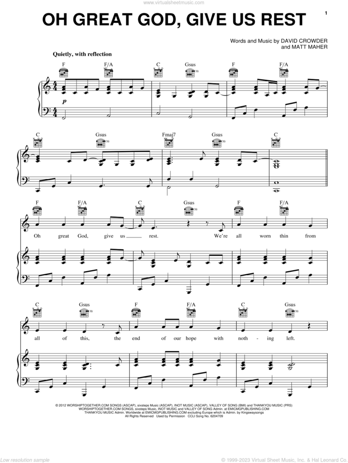 Oh Great God, Give Us Rest sheet music for voice, piano or guitar by David Crowder Band, David Crowder and Matt Maher, intermediate skill level