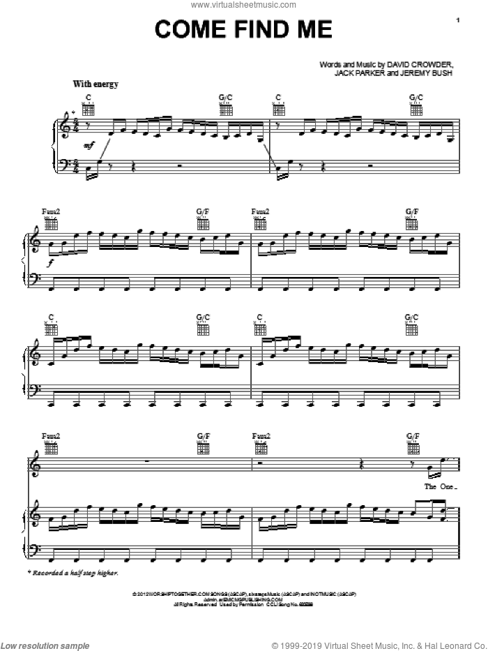 Come Find Me sheet music for voice, piano or guitar by David Crowder Band, David Crowder, Jack Parker and Jeremy Bush, intermediate skill level