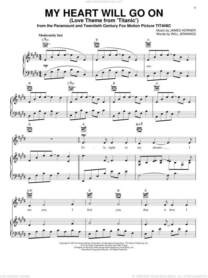 My Heart Will Go On (Love Theme from Titanic) sheet music for voice and piano by Celine Dion, James Horner and Will Jennings, wedding score, intermediate skill level