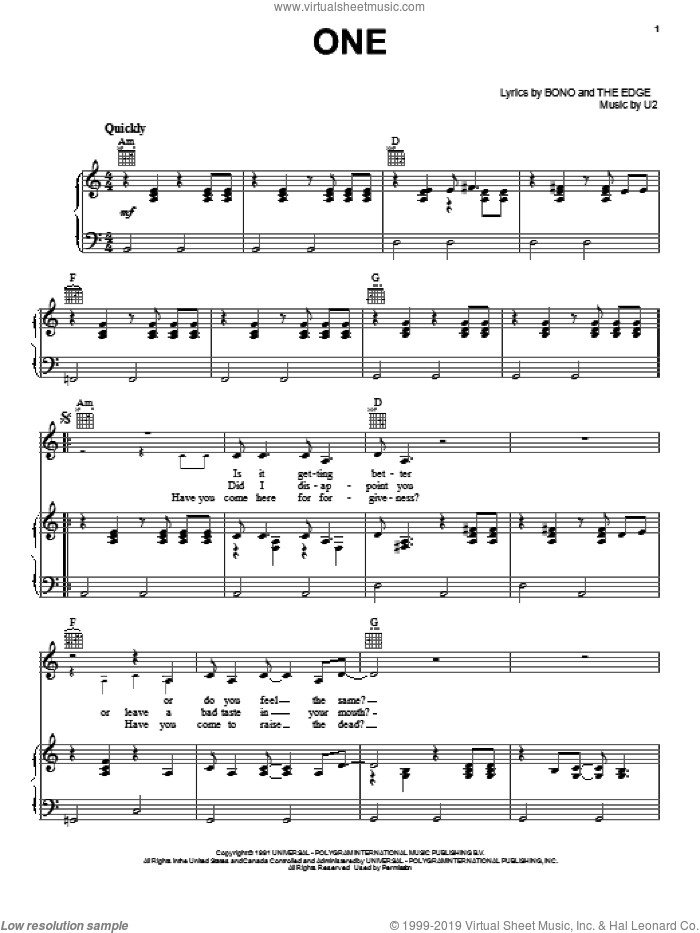 One sheet music for voice, piano or guitar by U2, Bono and The Edge, intermediate skill level