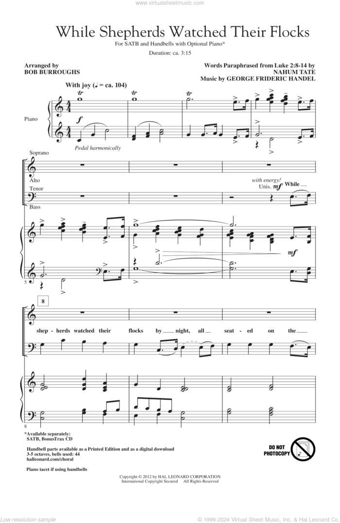 While Shepherds Watched Their Flocks sheet music for choir (SATB: soprano, alto, tenor, bass) by George Frideric Handel, Bob Burroughs and Nahum Tate, classical score, intermediate skill level