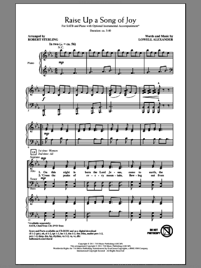 Raise Up A Song Of Joy sheet music for choir (SATB: soprano, alto, tenor, bass) by Lowell Alexander and Robert Sterling, intermediate skill level