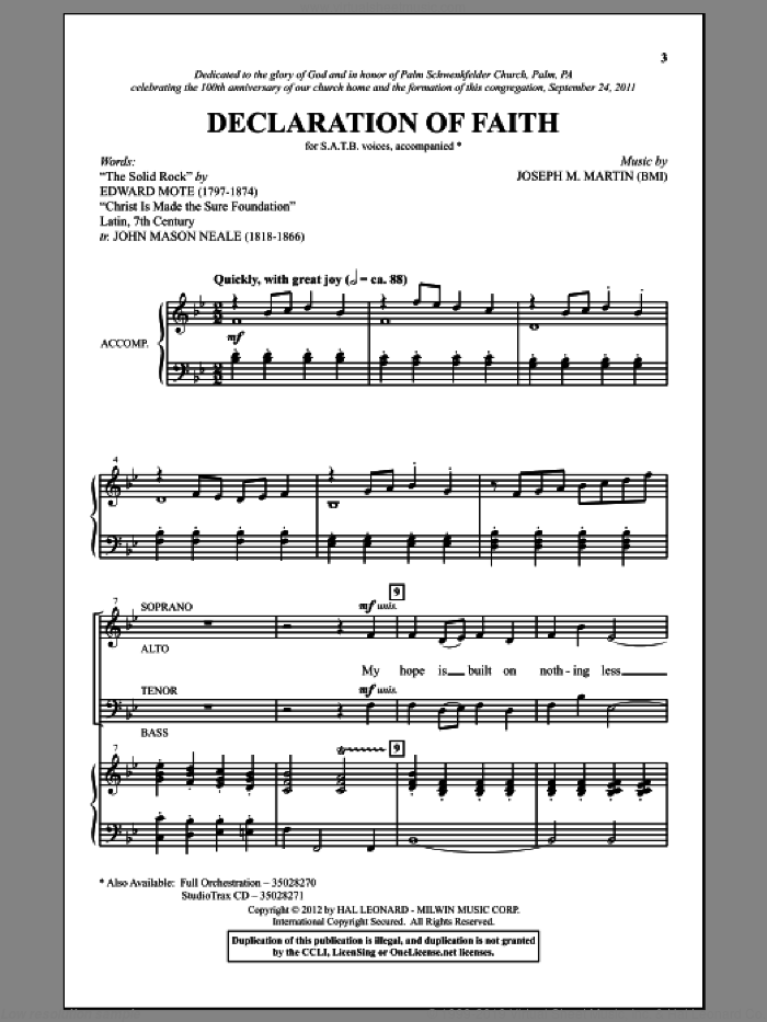 Declaration Of Faith sheet music for choir (SATB: soprano, alto, tenor, bass) by Joseph M. Martin, Edward Mote and John Mason Neale, intermediate skill level