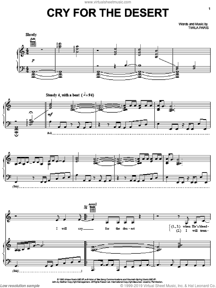 Cry For The Desert sheet music for voice, piano or guitar by Twila Paris, intermediate skill level