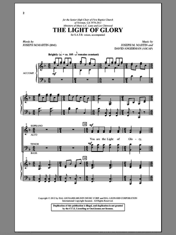 The Light Of Glory sheet music for choir (SATB: soprano, alto, tenor, bass) by Joseph M. Martin and David Angerman, intermediate skill level