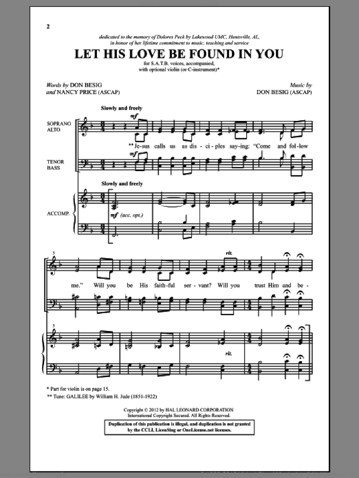 Let His Love Be Found In You sheet music for choir (SATB: soprano, alto, tenor, bass) by Don Besig and Nancy Price, intermediate skill level