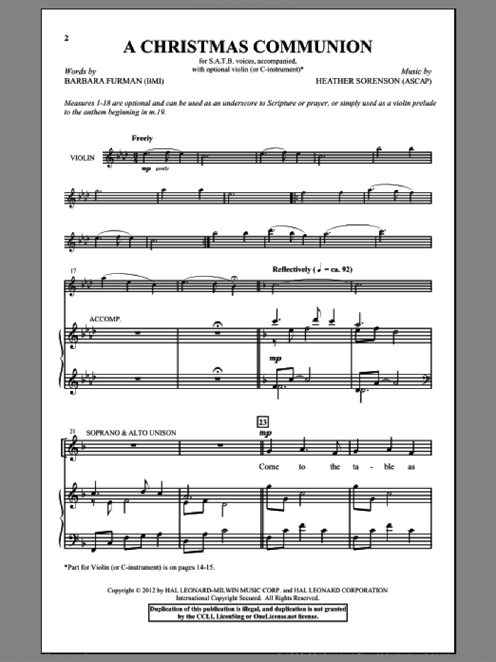 A Christmas Communion sheet music for choir (SATB: soprano, alto, tenor, bass) by Heather Sorenson and Barbara Furman, intermediate skill level