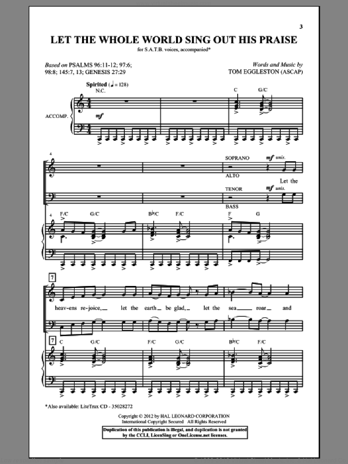 Let The Whole World Sing Out His Praise sheet music for choir (SATB: soprano, alto, tenor, bass) by Tom Eggleston, intermediate skill level