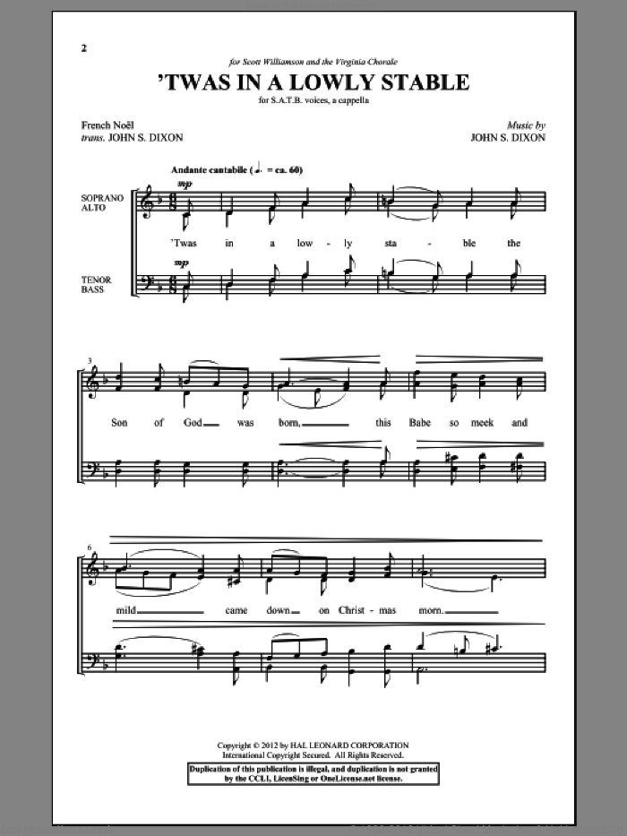 'Twas In A Lowly Stable sheet music for choir (SATB: soprano, alto, tenor, bass) by John S. Dixon, intermediate skill level