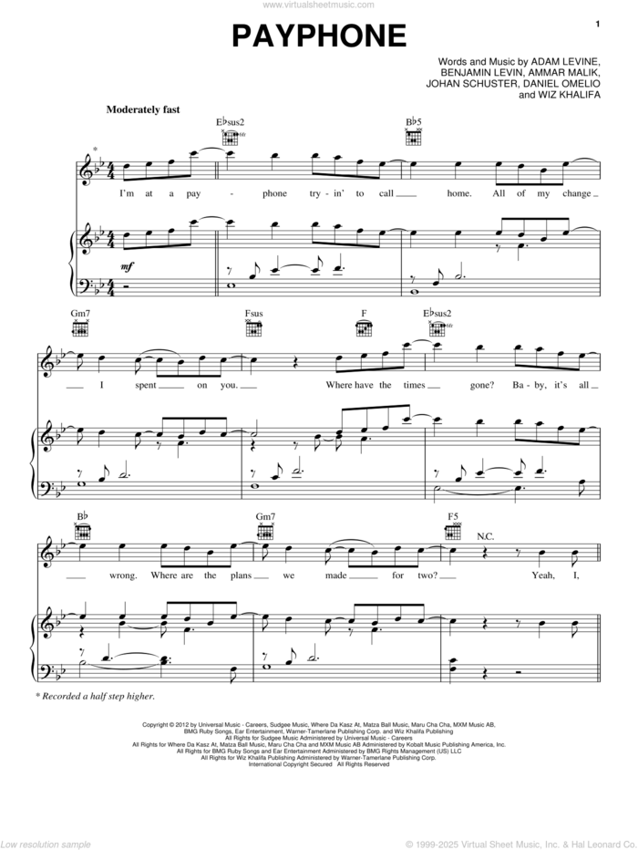 Payphone sheet music for voice, piano or guitar by Maroon 5 featuring Wiz Khalifa, Maroon 5, Adam Levine, Ammar Malik, Benjamin Levin, Cameron Thomaz, Don Omelio and Shellback, intermediate skill level