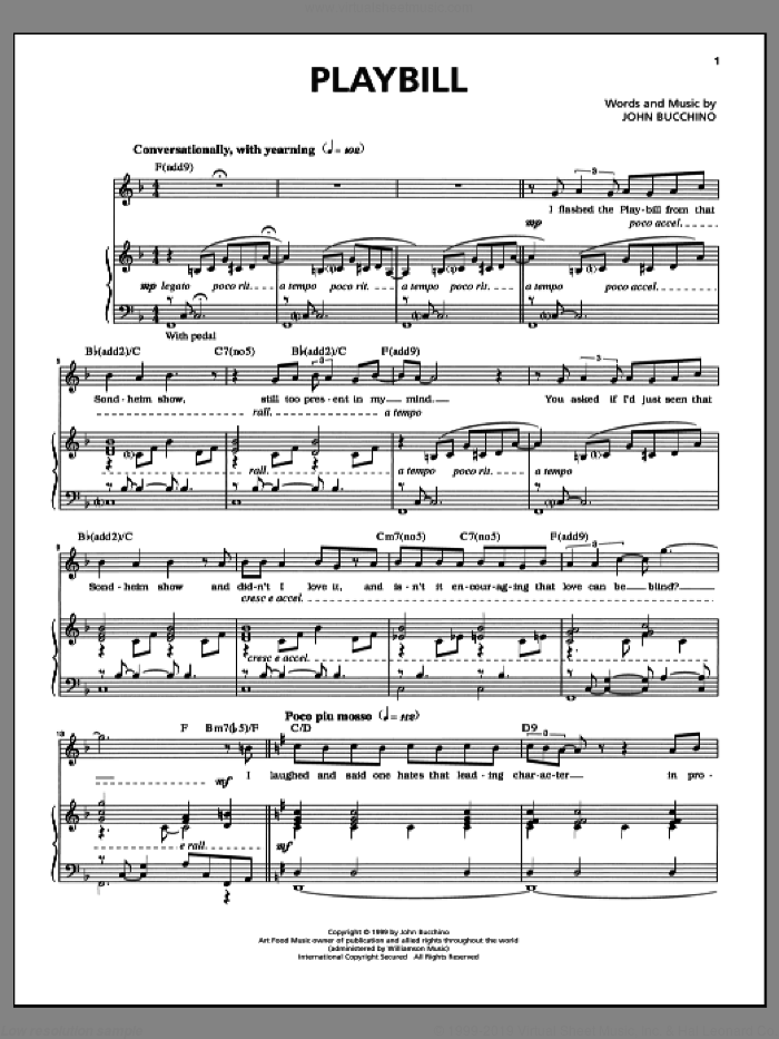 Playbill sheet music for voice and piano by John Bucchino, intermediate skill level