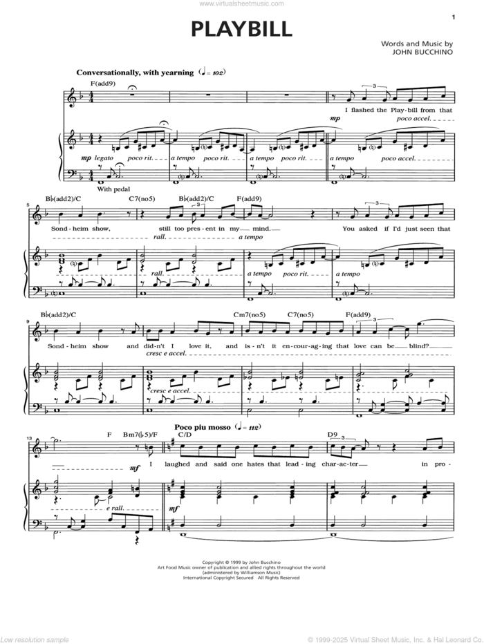 Playbill sheet music for voice and piano by John Bucchino, intermediate skill level