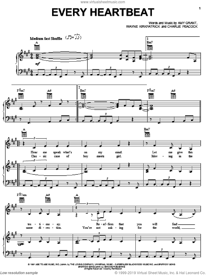 Every Heartbeat sheet music for voice, piano or guitar by Amy Grant, Charlie Peacock and Wayne Kirkpatrick, wedding score, intermediate skill level