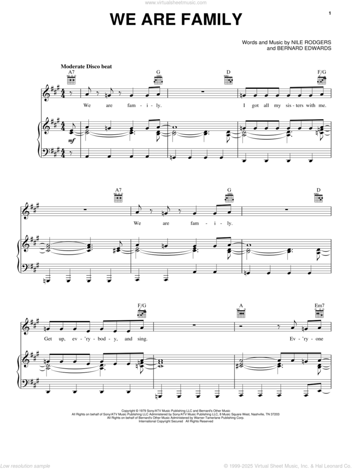 We Are Family sheet music for voice, piano or guitar by Sister Sledge, Bernard Edwards and Nile Rodgers, wedding score, intermediate skill level