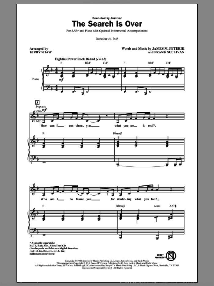 The Search Is Over sheet music for choir (SAB: soprano, alto, bass) by Jim Peterik, Frank Sullivan, Kirby Shaw and Survivor, intermediate skill level