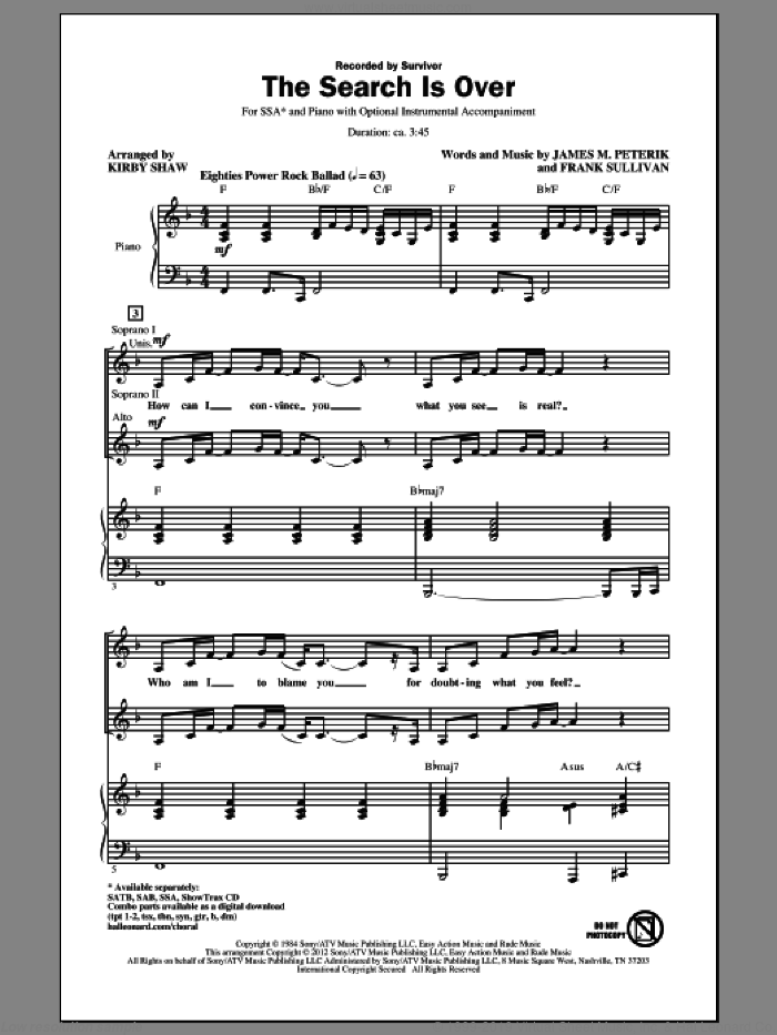 The Search Is Over sheet music for choir (SSA: soprano, alto) by Jim Peterik, Frank Sullivan, Kirby Shaw and Survivor, intermediate skill level