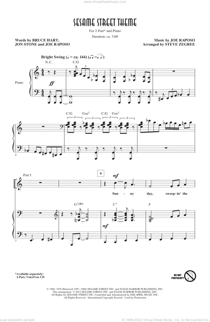 Sesame Street Theme sheet music for choir (2-Part) by Joe Raposo, Bruce Hart, Jon Stone and Steve Zegree, intermediate duet