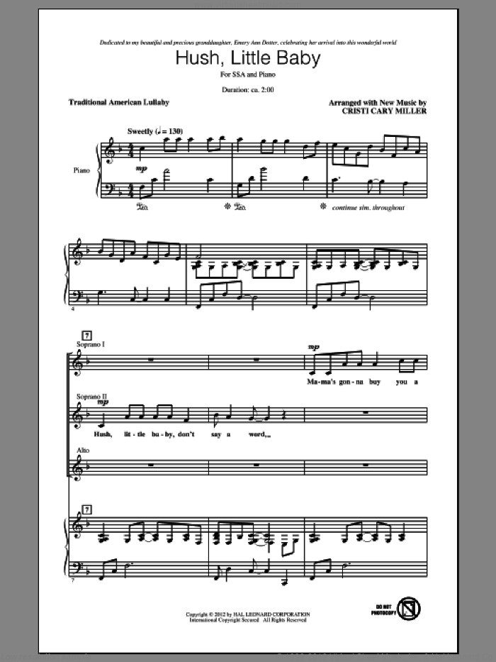 Hush, Little Baby sheet music for choir (SSA: soprano, alto) by Cristi Cary Miller, intermediate skill level