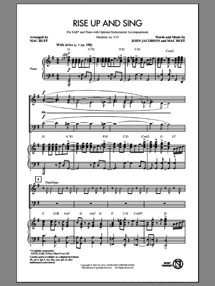 Rise Up And Sing sheet music for choir (SAB: soprano, alto, bass) by Mac Huff and John Jacobson, intermediate skill level