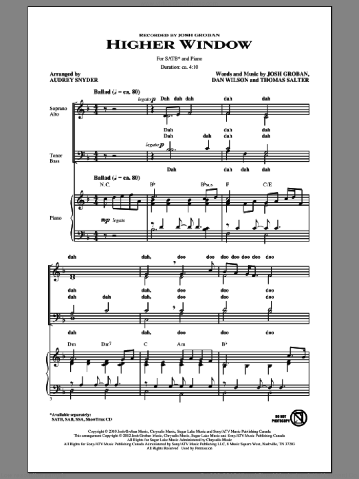 Higher Window sheet music for choir (SATB: soprano, alto, tenor, bass) by Josh Groban, Dan Wilson, Thomas Salter and Audrey Snyder, intermediate skill level
