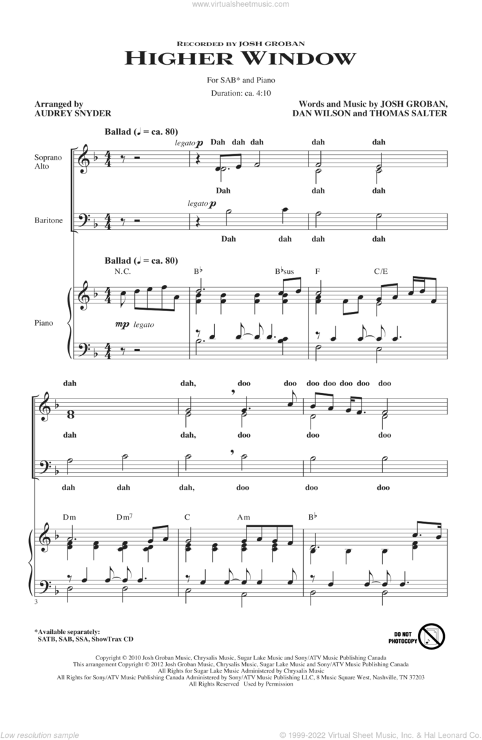 Higher Window sheet music for choir (SAB: soprano, alto, bass) by Josh Groban, Dan Wilson, Thomas Salter and Audrey Snyder, intermediate skill level