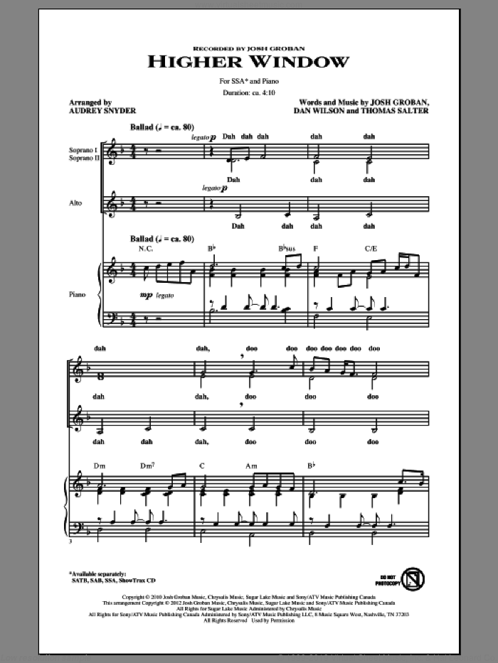 Higher Window sheet music for choir (SSA: soprano, alto) by Josh Groban, Dan Wilson, Thomas Salter and Audrey Snyder, intermediate skill level