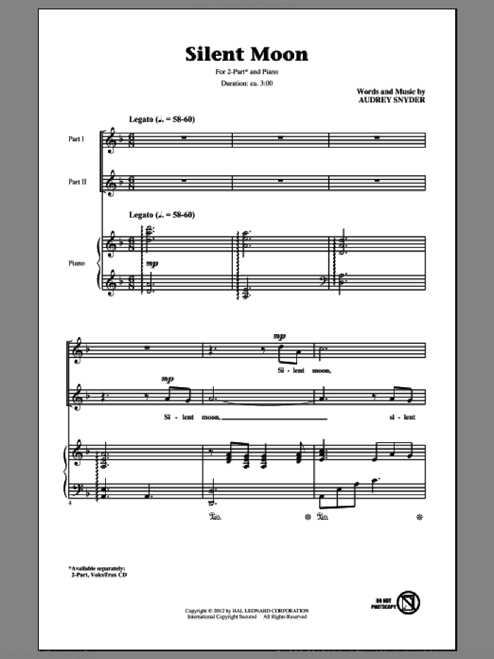 Silent Moon sheet music for choir (2-Part) by Audrey Snyder, intermediate duet