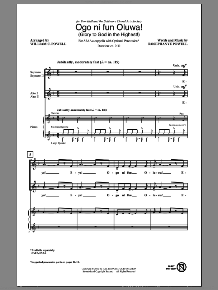 Ogo Ni Fun Oluwa! (Glory To God In The Highest!) sheet music for choir (SSA: soprano, alto) by Rosephanye Powell and William Powell, intermediate skill level