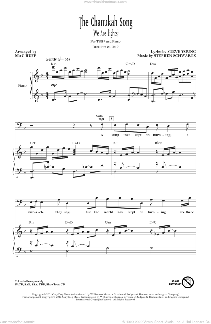 The Chanukah Song (We Are Lights) sheet music for choir (TBB: tenor, bass) by Stephen Schwartz, Steve Young and Mac Huff, intermediate skill level