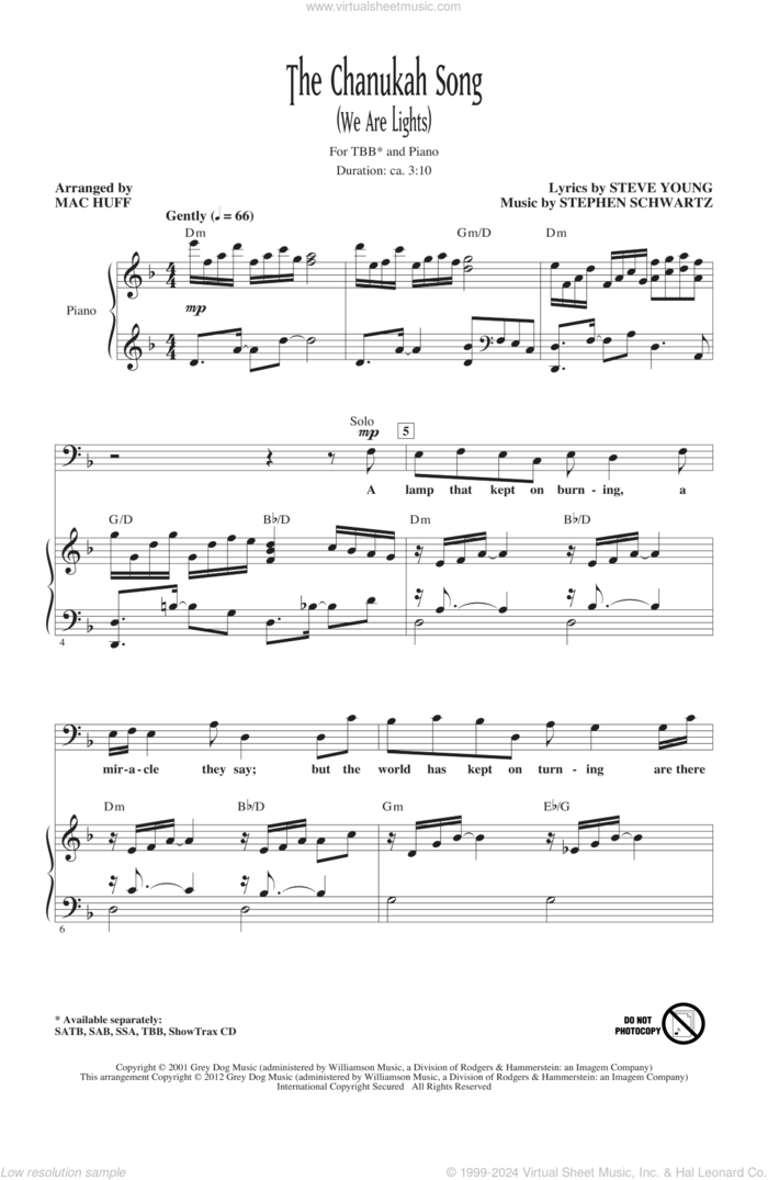 The Chanukah Song (We Are Lights) sheet music for choir (TBB: tenor, bass) by Stephen Schwartz, Steve Young and Mac Huff, intermediate skill level