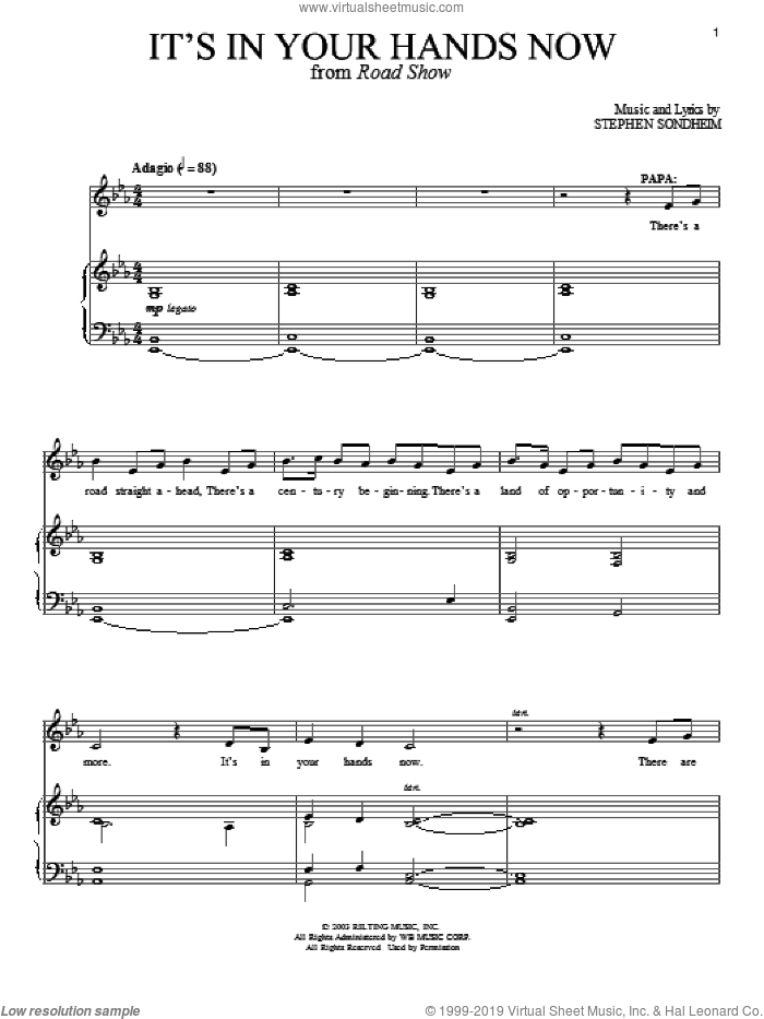 It's In Your Hands Now sheet music for voice and piano by Stephen Sondheim and Road Show (Musical), intermediate skill level