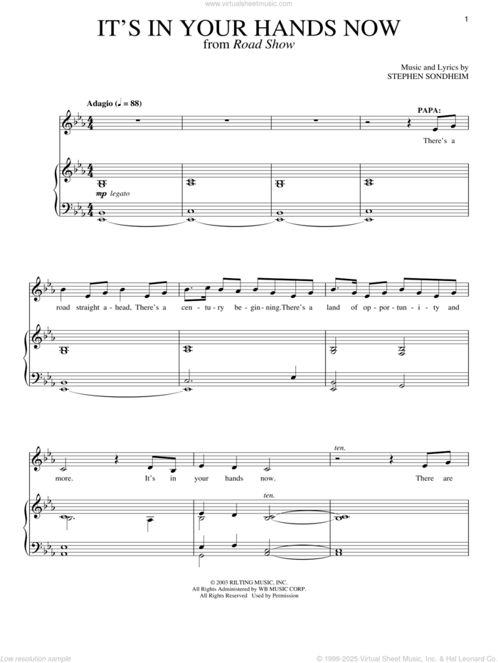 It's In Your Hands Now sheet music for voice and piano by Stephen Sondheim and Road Show (Musical), intermediate skill level