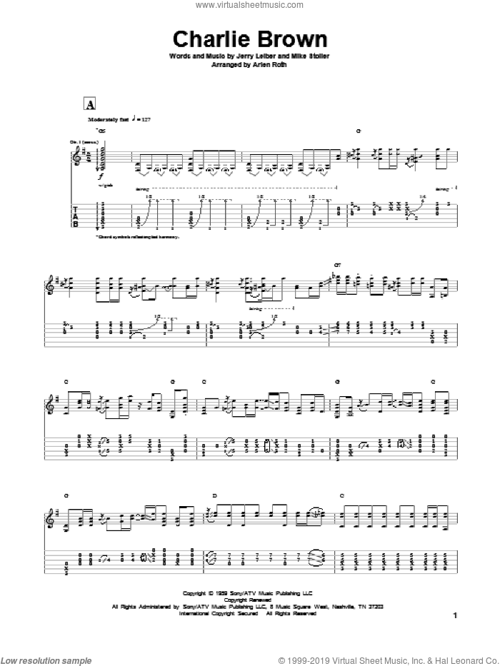 Charlie Brown sheet music for guitar solo by Leiber & Stoller, The Coasters, Jerry Leiber and Mike Stoller, intermediate skill level