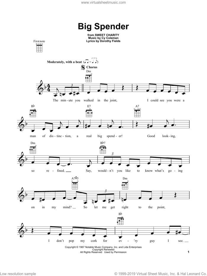 Big Spender sheet music for ukulele by Cy Coleman, Sweet Charity (Musical) and Dorothy Fields, intermediate skill level