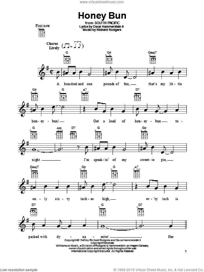 Honey Bun sheet music for ukulele by Rodgers & Hammerstein, South Pacific (Musical), Oscar II Hammerstein and Richard Rodgers, intermediate skill level