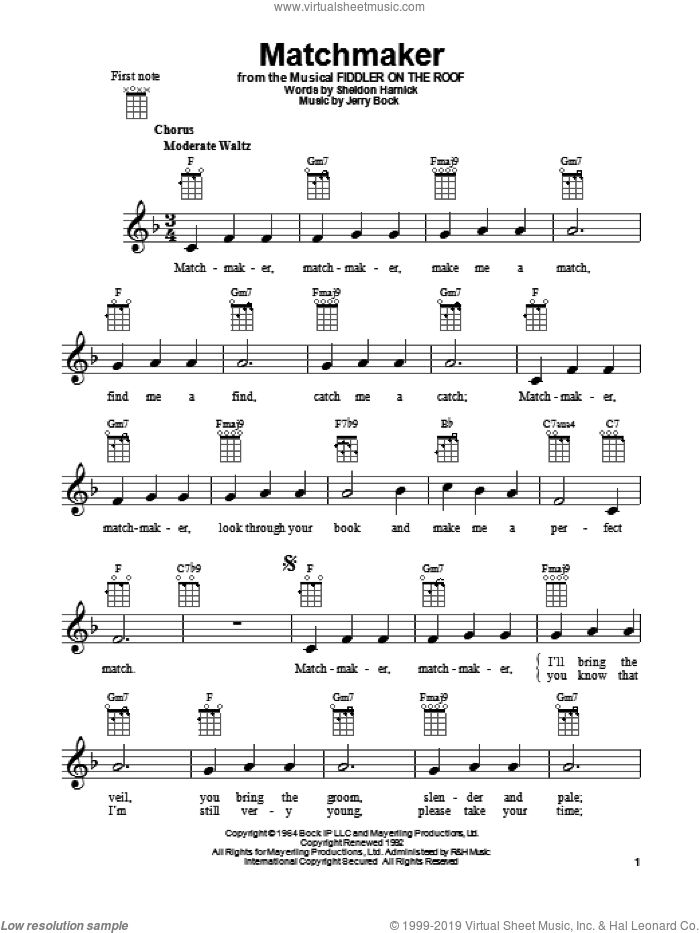 Matchmaker (from Fiddler On The Roof) sheet music for ukulele by Bock & Harnick, Fiddler On The Roof (Musical), Jerry Bock and Sheldon Harnick, intermediate skill level