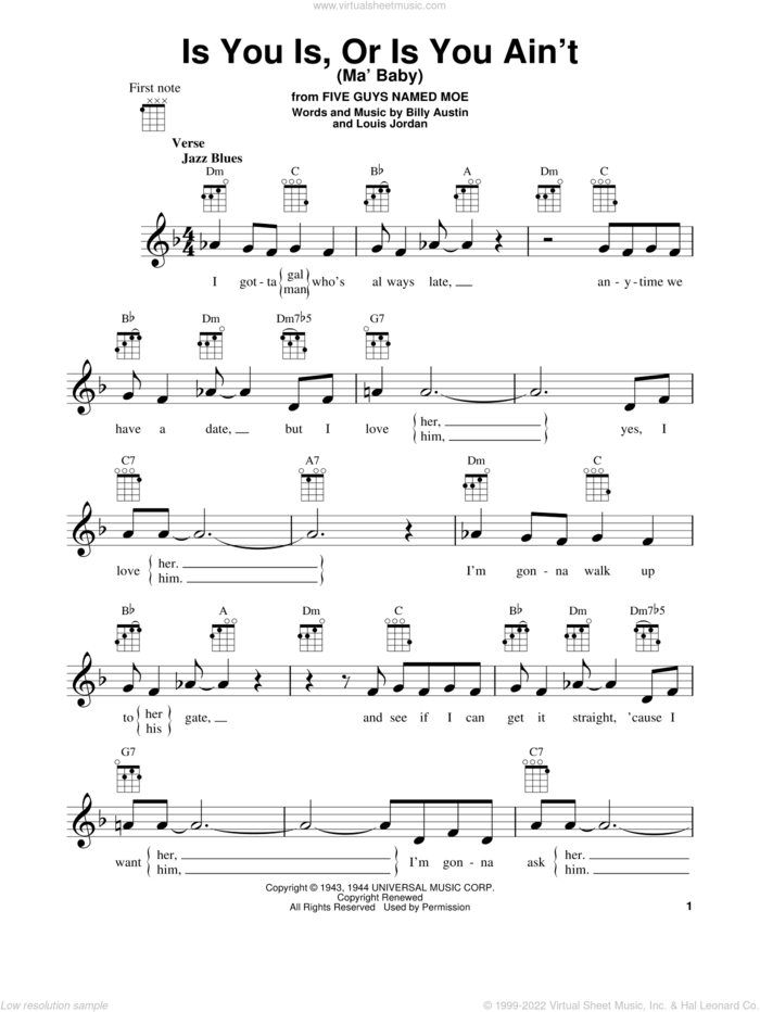 Is You Is, Or Is You Ain't (Ma' Baby) sheet music for ukulele by Louis Jordan and Billy Austin, intermediate skill level
