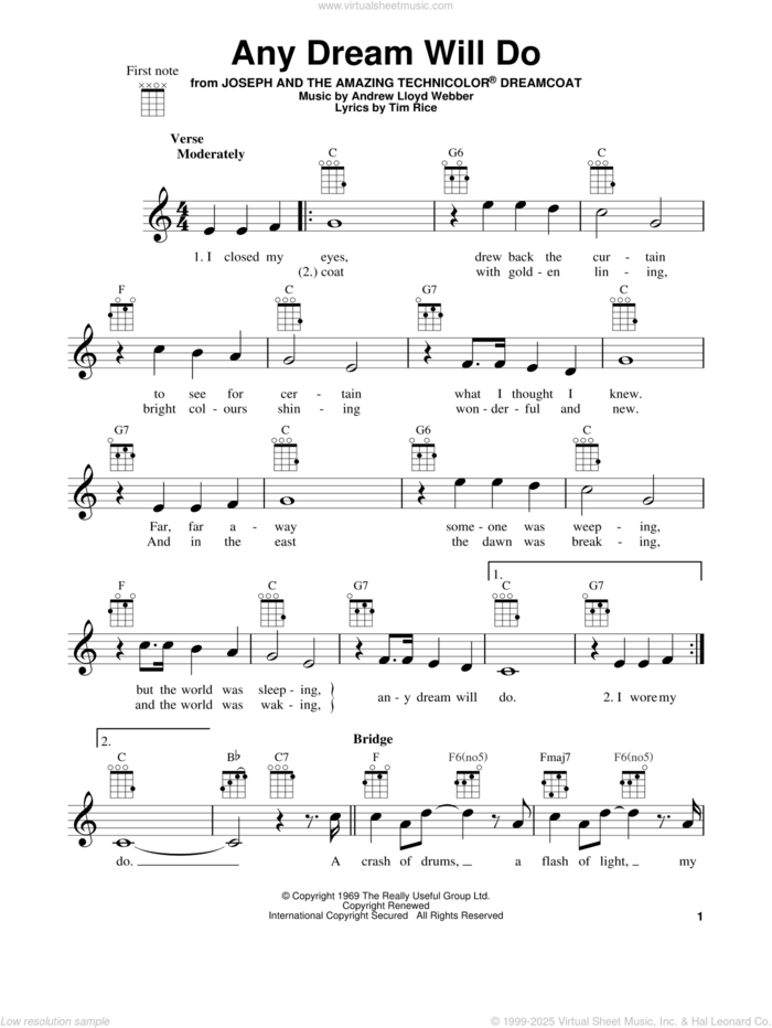 Any Dream Will Do (from Joseph and the Amazing Technicolor Dreamcoat) sheet music for ukulele by Andrew Lloyd Webber, Joseph And The Amazing Technicolor Dreamcoat (Musical) and Tim Rice, intermediate skill level