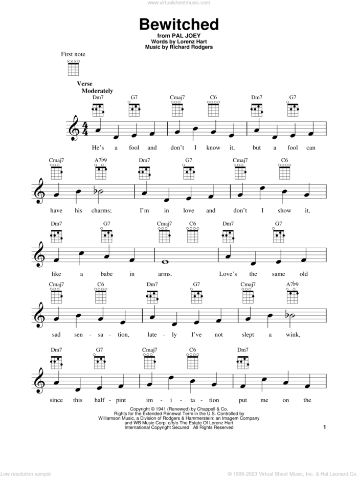 Bewitched sheet music for ukulele by Rodgers & Hart, Pal Joey (Musical), Lorenz Hart and Richard Rodgers, intermediate skill level