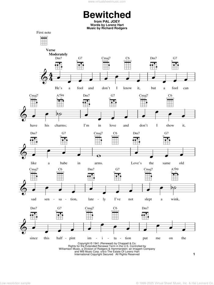 Bewitched sheet music for ukulele by Rodgers & Hart, Pal Joey (Musical), Lorenz Hart and Richard Rodgers, intermediate skill level