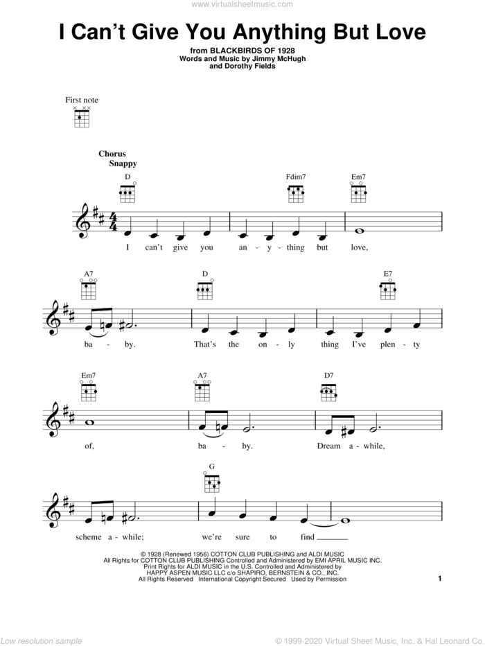 I Can't Give You Anything But Love sheet music for ukulele by Dorothy Fields and Jimmy McHugh, intermediate skill level