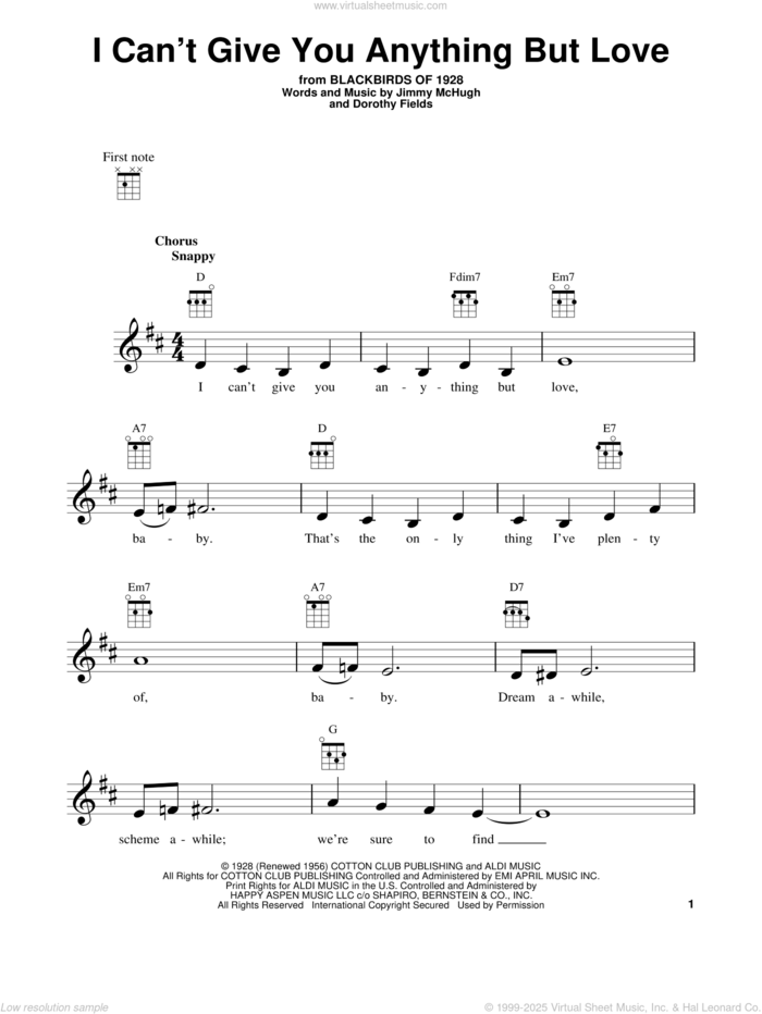 I Can't Give You Anything But Love sheet music for ukulele by Dorothy Fields and Jimmy McHugh, intermediate skill level