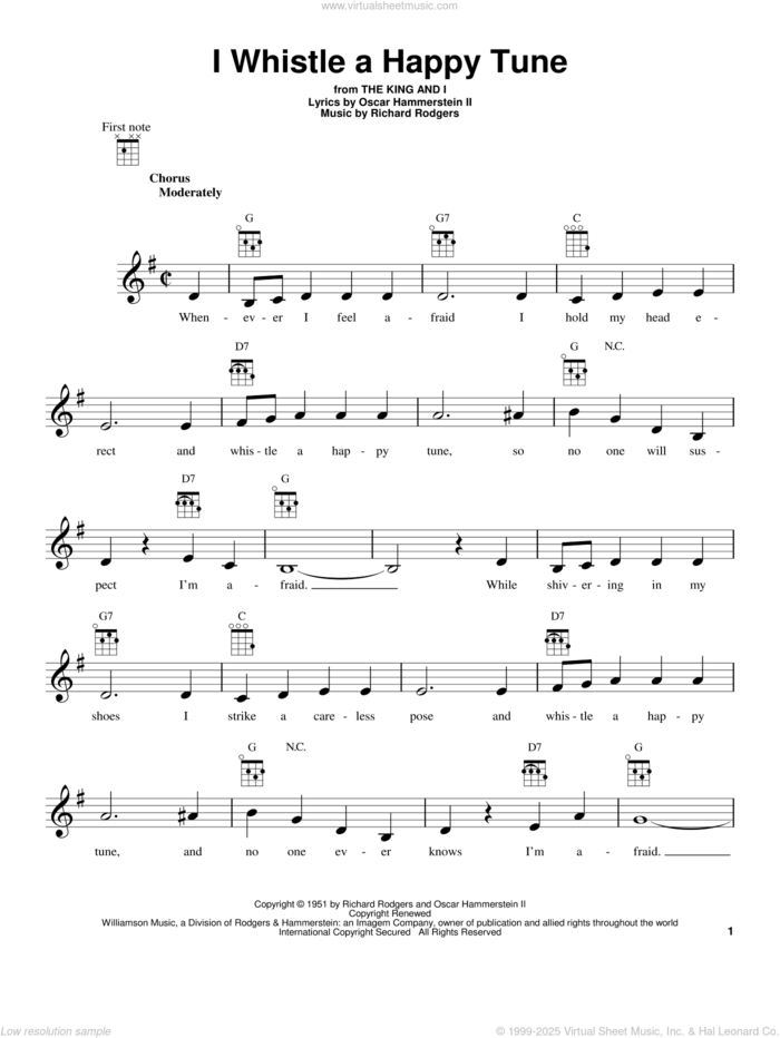 I Whistle A Happy Tune sheet music for ukulele by Rodgers & Hammerstein, The King And I (Musical), Oscar II Hammerstein and Richard Rodgers, intermediate skill level