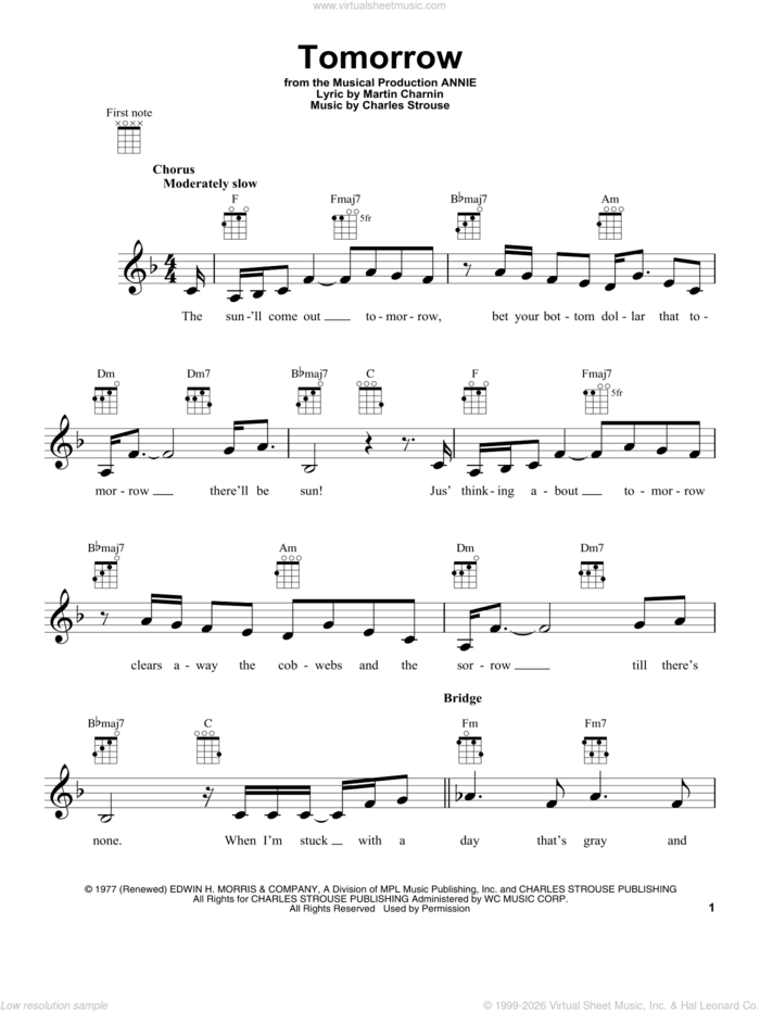 Tomorrow sheet music for ukulele by Charles Strouse, Annie (Musical) and Martin Charnin, intermediate skill level