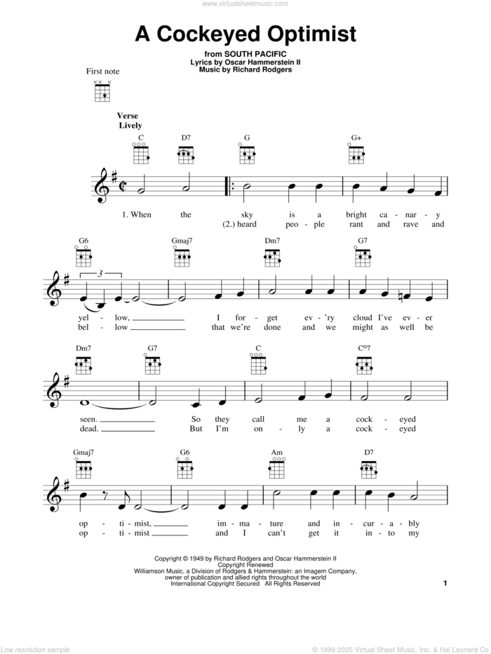 A Cockeyed Optimist sheet music for ukulele by Rodgers & Hammerstein, South Pacific (Musical), Oscar II Hammerstein and Richard Rodgers, intermediate skill level