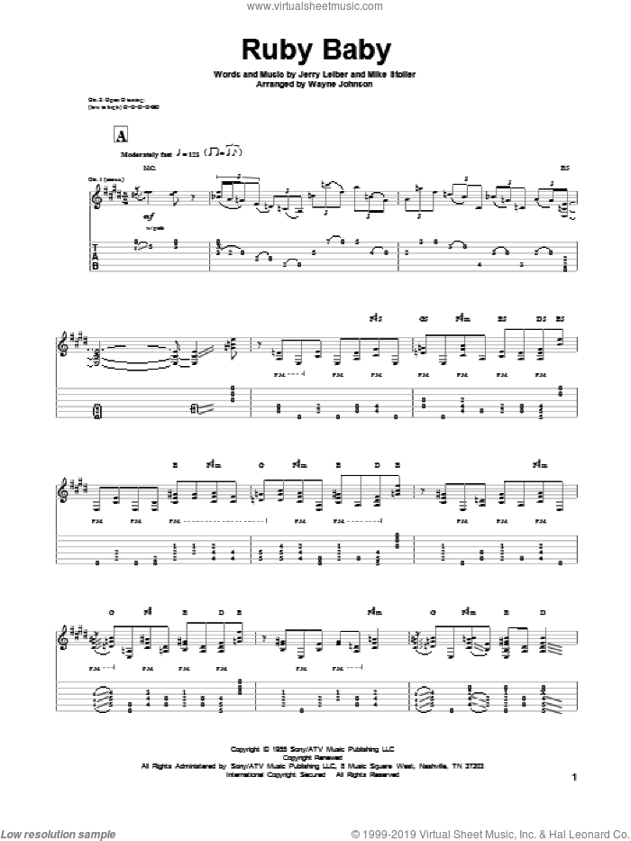 Ruby Baby sheet music for guitar solo by Leiber & Stoller, Dion, The Drifters, Jerry Leiber and Mike Stoller, intermediate skill level