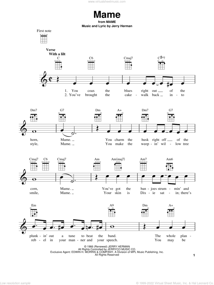 Mame sheet music for ukulele by Jerry Herman and Mame (Musical), intermediate skill level