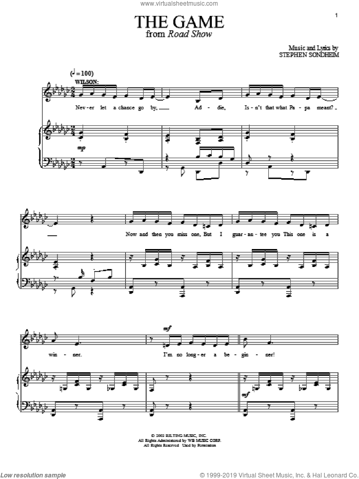 The Game sheet music for voice and piano by Stephen Sondheim and Road Show (Musical), intermediate skill level