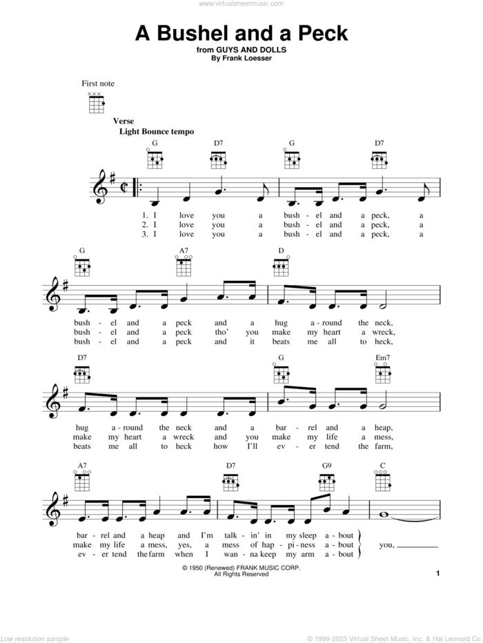 A Bushel And A Peck sheet music for ukulele by Frank Loesser and Guys And Dolls (Musical), intermediate skill level